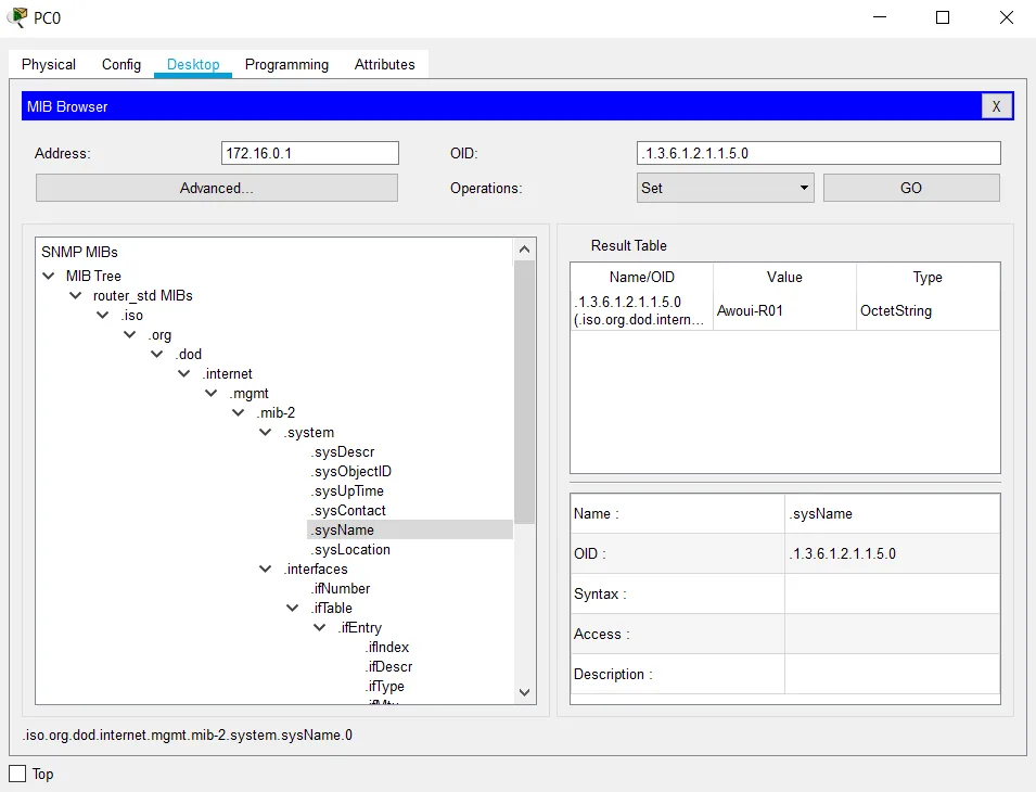 Illustration 6 — Configuration SNMP sur Cisco Packet Tracer