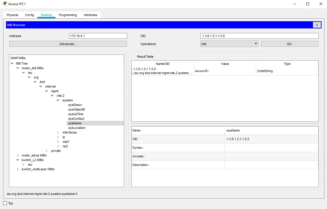 Illustration 4 — Configuration SNMP sur Cisco Packet Tracer
