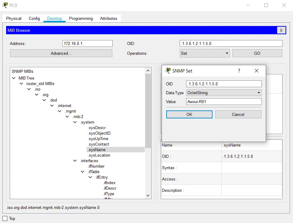 Illustration 5 — Configuration SNMP sur Cisco Packet Tracer