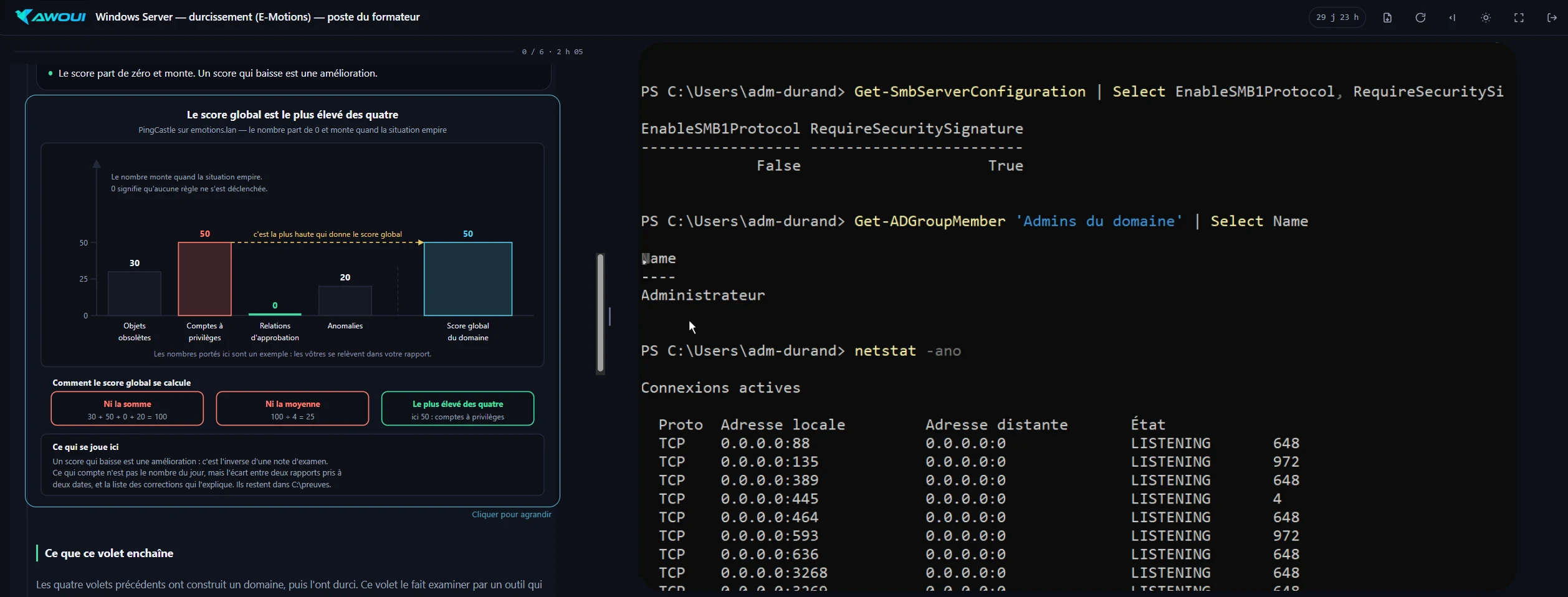 El reproductor de sesión de Awoui: a la izquierda el curso con su gráfico de puntuación, a la derecha una sesión real de Windows Server en un terminal PowerShell.